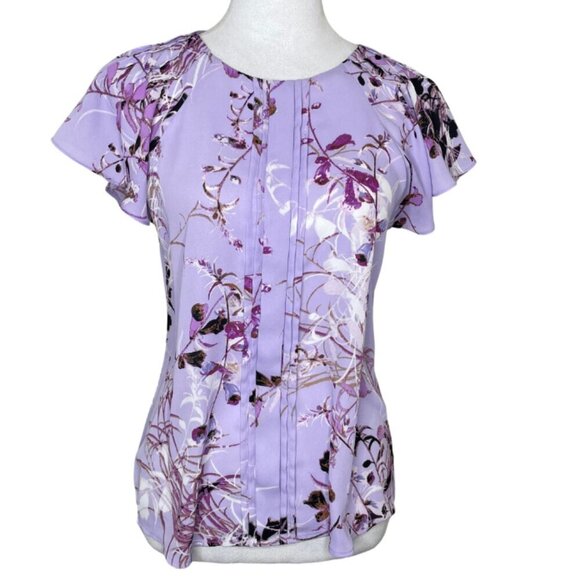 Worthington Tops - Worthington Women's Floral Round Neck Flutter Sleeves Purple Top Shirt PS